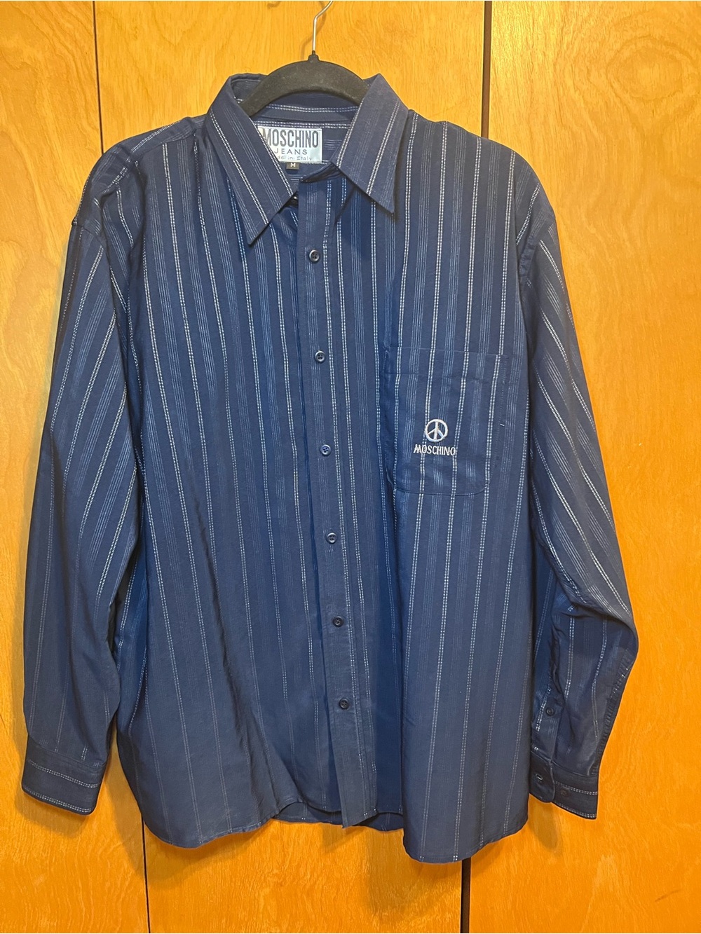 Moschino Vintage Men’s Navy Blue Pinstripe Button-Up Shirt Size Medium
